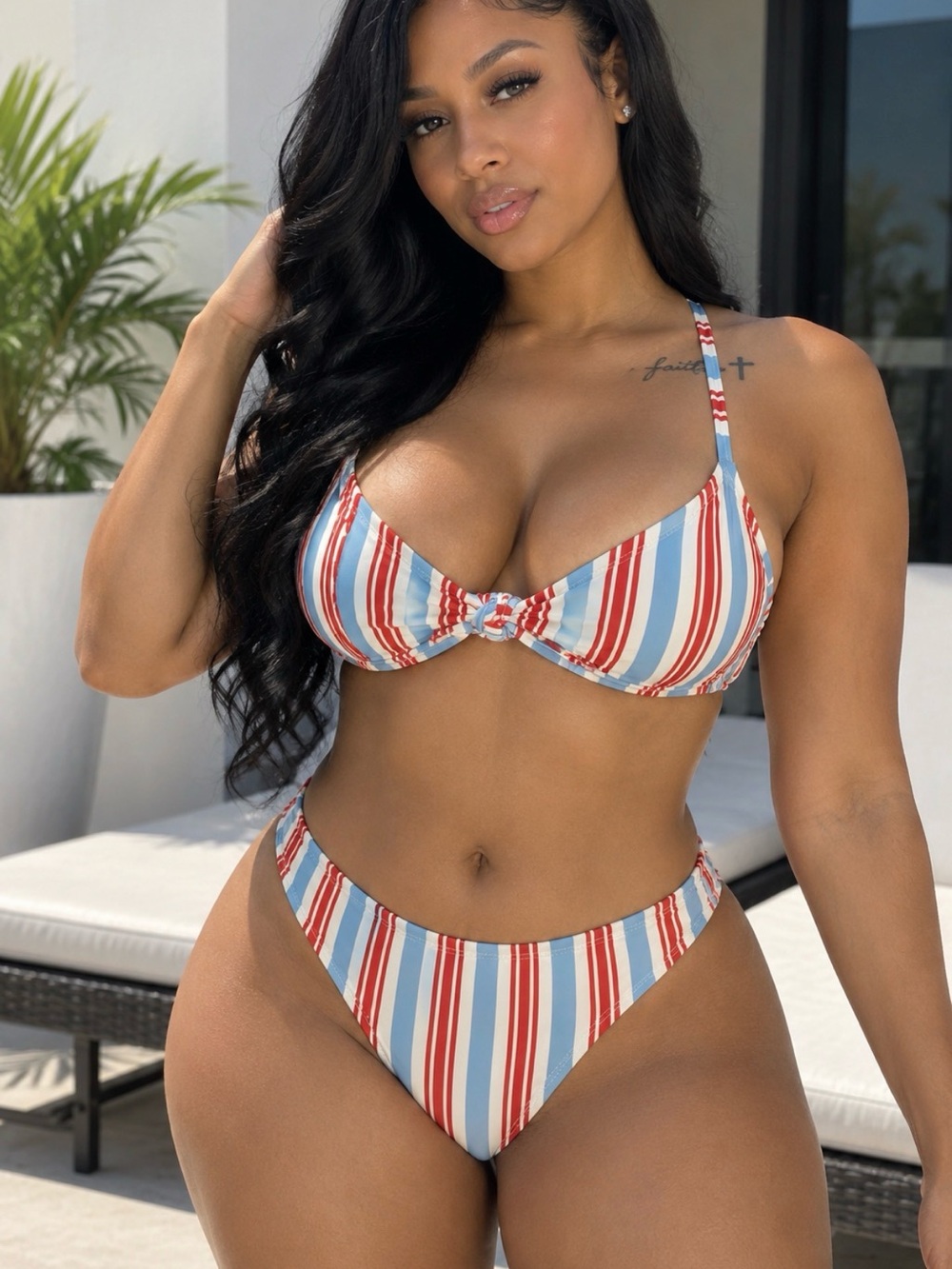 Striped Knot Front Bikini Set - Red & Blue